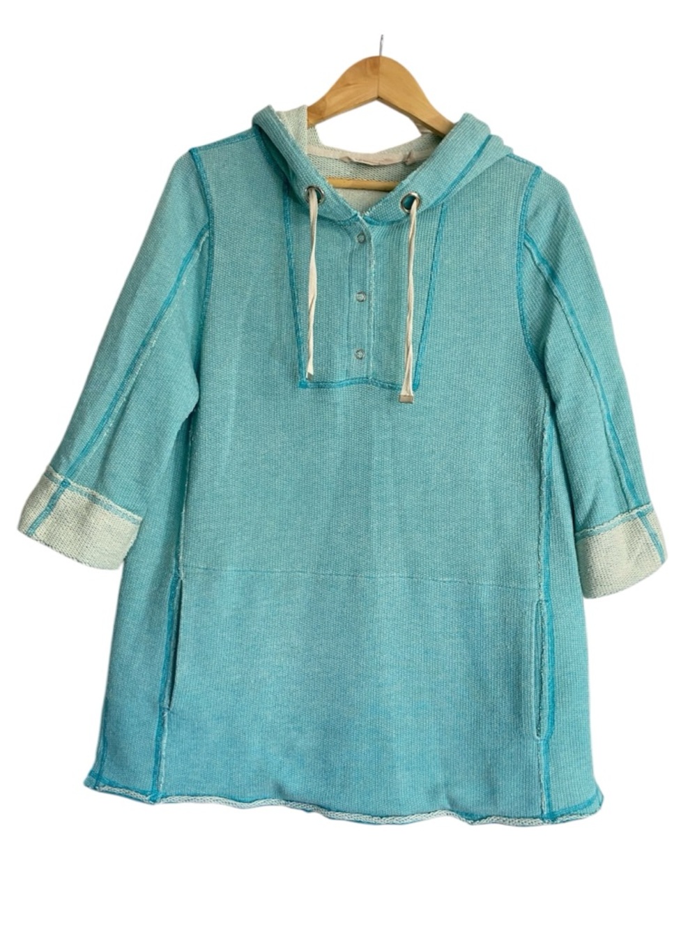 Soft Surroundings Turquoise Teal Hooded Pullover Cotton Poncho